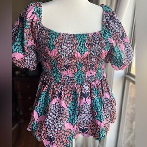 Simply Southern Smocked Peplum Top Pink Bird Floral Cottagecore XL Hearts Whimsy